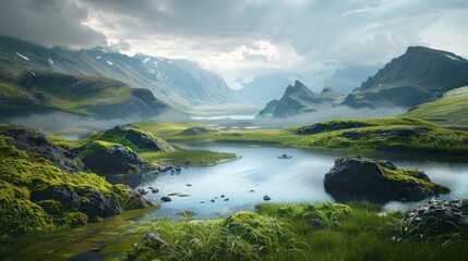 Poster - A serene mountain lake surrounded by lush green grass and towering mountains