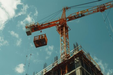 Aufkleber - A crane lifts a bucket to the top of a building, construction site scene