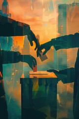 Poster - Two hands stretching out to grasp a piece of paper, ideal for representing communication, connection, or learning