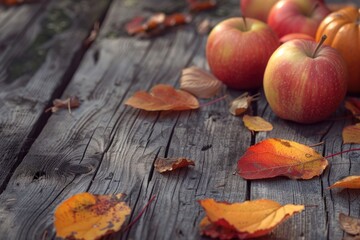 Poster - A rustic wooden table covered in apples and autumn leaves, great for a harvest or fall-themed setting