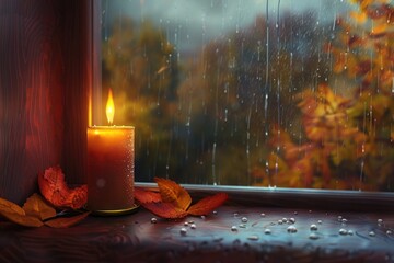 Aufkleber - A lit candle sits on a windowsill amidst rain, providing warmth and comfort