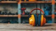 © Intelligent Horizons - Closeup of a pair of bright orange protective earmuffs or ear defenders placed on a wooden workbench with a blurred industrial workshop or construction background
