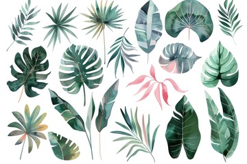Poster - Watercolor painting of various tropical leaves, ideal for decorating or as a design element