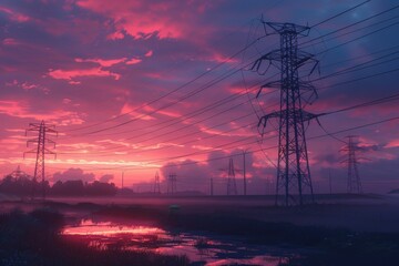 Poster - A serene sunset scene with power lines and a calm body of water, perfect for use in travel or nature photography projects