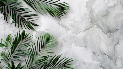 Sticker - Summer theme Palm leaves on marble paper with gray backdrop Concept of summer with space for text Flat lay view