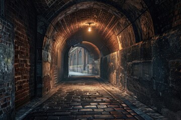 Aufkleber - A dark brick tunnel with a light source at the end, often used for dramatic or eerie scenes