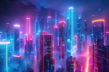 Poster - A cityscape at night with neon lights and futuristic architecture