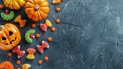 Wall Mural - Mini pumpkin candy frame on stone background with copy space for Halloween