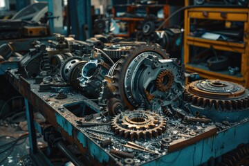Poster - A collection of gears arranged neatly on a flat surface, suitable for use in illustrations and designs related to mechanics, technology, or innovation