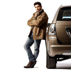 Poster - White background with a car and a handsome man leaning against it