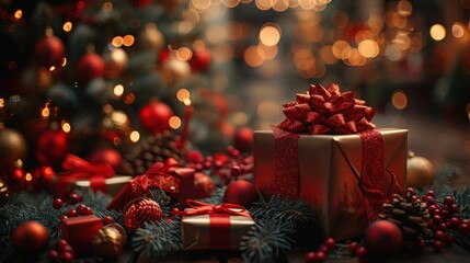 Festive Holiday Background with Illuminated Christmas Tree, Gifts, and Decorations