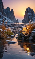 Canvas Print - Tranquil Sunset Over Mountain Stream.