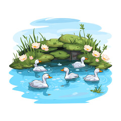 illustration of duck pond, white background, no shadow, cartoon style