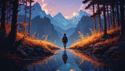 Wall Mural - Man Standing in a Stream with Mountains in the Background.