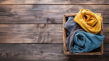 Poster - Neatly folded t shirts in basket on wooden floor with copy space cleaning concept