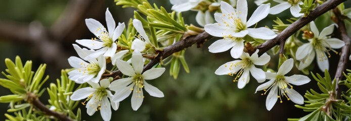 Poster - Delicate White Flowers on a Branch with Green Leaves. with copy space for text