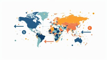 Naklejka na meble World map backdrop with directional arrows towards continents, showcasing international currencies, market diversity, and cultural symbols