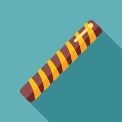 Poster - Chocolate wafer roll stick covered with chocolate glaze lying on turquoise background, sweet crunchy snack for breakfast or coffee break