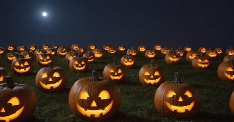 Poster - A field of pumpkins with their faces lit up in the moonlight