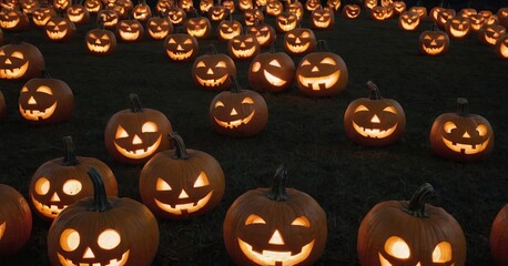 Poster - A field of pumpkins with their faces lit up