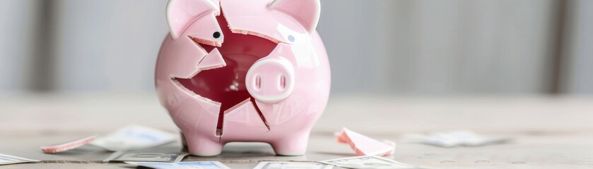 A broken piggy bank surrounded by scattered money, symbolizing financial difficulties and the need for saving.