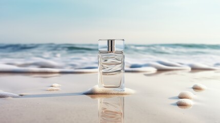 Wall Mural - Transparent white glass perfume bottle mockup with sandy beach and ocean waves on background. Eau de toilette. Mockup, spring flat lay.