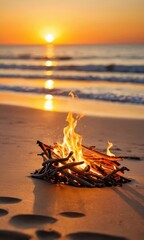 Wall Mural - Bonfire on the Beach at Sunset.