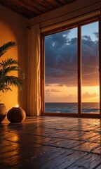 Poster - Wooden Floor with Sunset View from Window