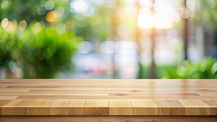 Poster - A minimalist wooden table top with a smooth finish stands isolated against a softly blurred background, awaiting objects or decorations to bring it to life.