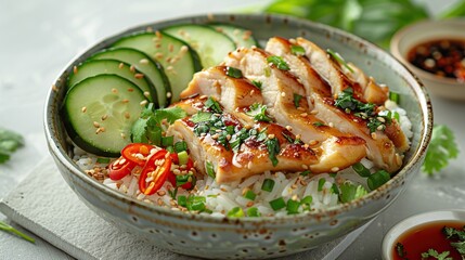 Wall Mural - Delicious Teriyaki Chicken Bowl with Rice, Cucumber, and Sesame Seeds