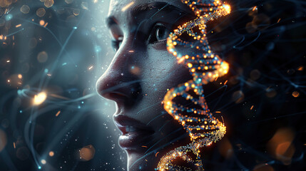 Wall Mural - A beautiful woman's face is reflected in the double helix of DNA