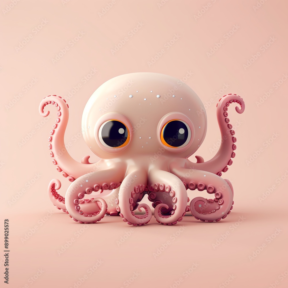 Adorable pink cartoon octopus with big eyes, sitting on a soft pink ...