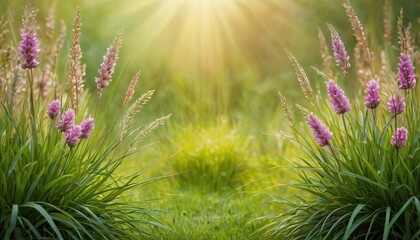 Wall Mural - Summer Meadow with Blooming Flowers and Sun Rays.