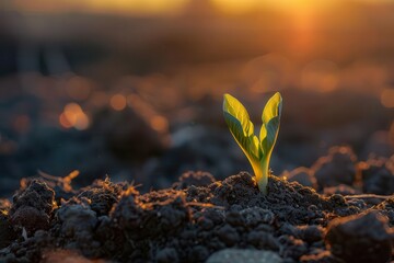 Wall Mural - closeup of a delicate green seedling emerging from rich dark soil backlit by a warm sunset glow symbolizes hope growth and new beginnings