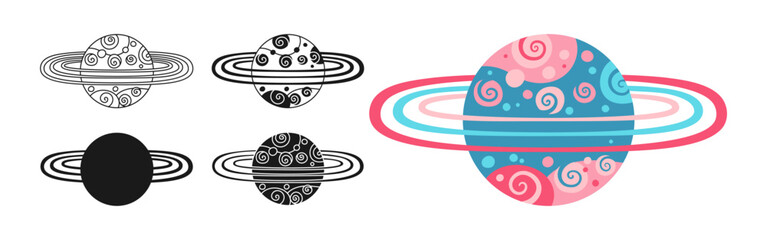 Wall Mural - Fantasy Planet cartoon set for children. Fantastic cosmos sign, silhouette, icon linear design. Abstract fantastic doodle galaxy comic planet symbol. Vector celestial space sphere for website app
