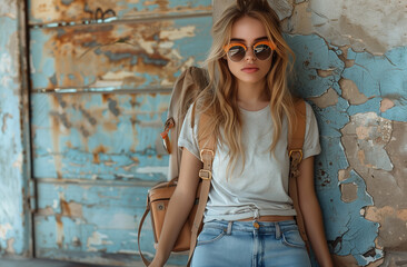 Portrait of a cute blonde with a backpack near a building wall. Looking into the camera. Space for text.