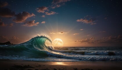 Poster - Dramatic Ocean Wave at Night with Full Moon and Stars.