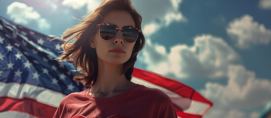 Portrait of young beautiful woman with american flag, and blue sky. copy space