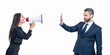 © be free - businesswoman business woman has conflict with partner about promotion shouting on employee in loudspeaker isolated on white