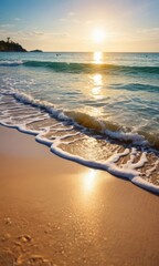 Poster - Golden Sunset Beach with Waves Crashing on Shore.