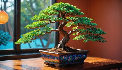 Sticker - Bonsai Tree In A Decorative Pot On A Wooden Table.