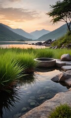 Wall Mural - Tranquil Sunset Reflection in a Mountain Lake.