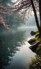 Poster - Misty Morning by the Lake with Cherry Blossom Tree.