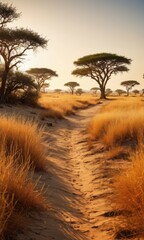 Poster - African Savanna Landscape with Path and Acacia Trees at Sunset.