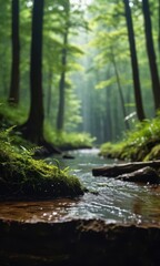 Poster - Tranquil Forest Stream with Sun Rays.