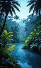 Sticker - Mystical Tropical Rainforest with Blue Water.