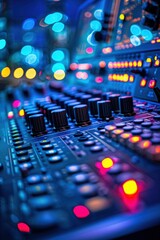 Canvas Print - Audio mixing board with buttons and knobs lit up. AI.