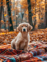 Sticker - A cute puppy sits on a blanket in the woods. AI.