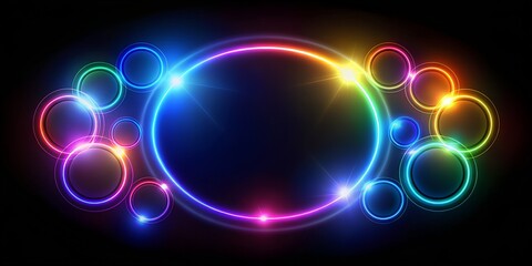 Sticker - Abstract glowing circles light optical effect halo on black background Creative AI