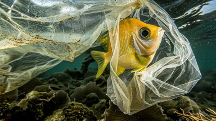 Poster - A fish trapped in plastic pollution. AI.